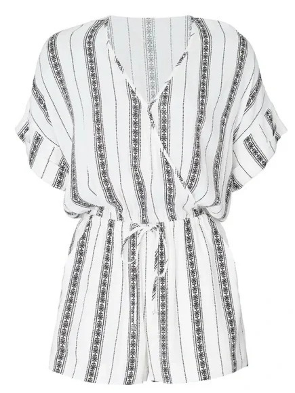 Striped V-Neck Tie-Waist Romper in White & Black